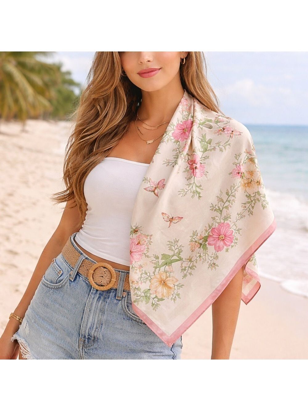JIM THOMPSON 100% Thai Silk Twill 33” Square Scarf Floral & Butterfly Print NWT
